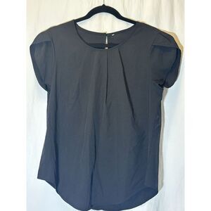 Women's Black Short Sleeve Scoop Neck Pleated Pullover Blouse Sz L Unbranded E19